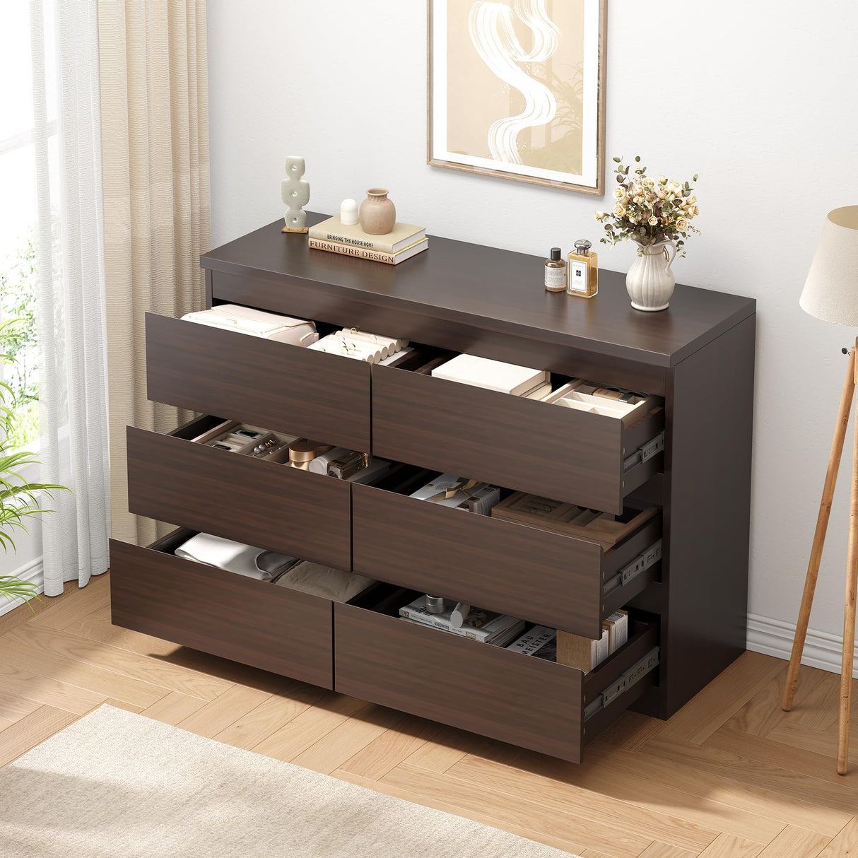 Jocoevol Modern 6 Drawer Dresser - Simply Chest of Drawers for Bedroom, Closet, Living Room, Hallway, Entryway, Wood Storage Double Dresser with Smooth Metal Rails - Retro Brown Jocoevol