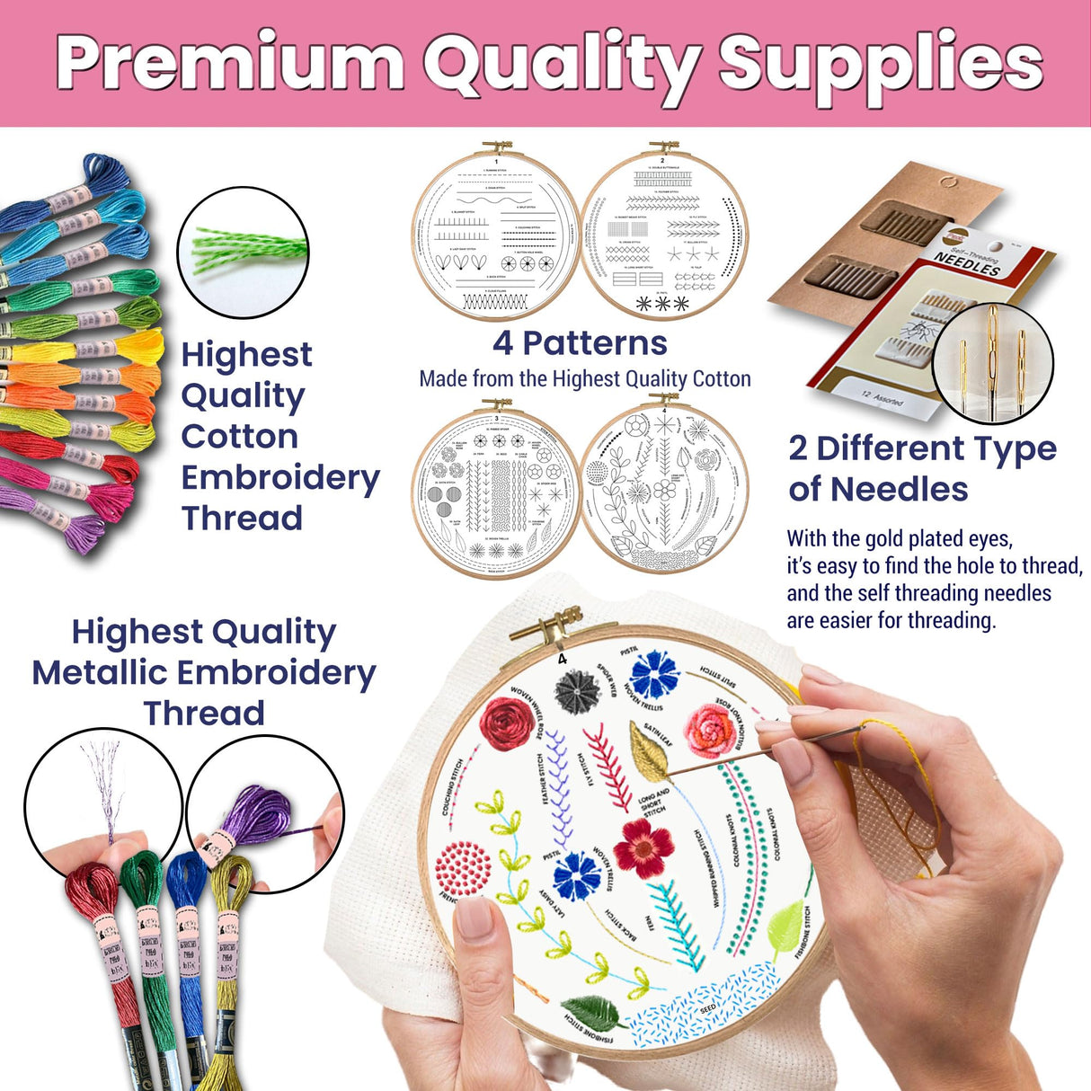 Moni Crafts Embroidery Kit for Beginners – DIY Hand Embroidery Set for Adults and Kids with 4 Stamped Patterns, Hoop, Threads, Needles and Step-by-Step Stitch Guide to Learn 33 Stitches Moni Crafts