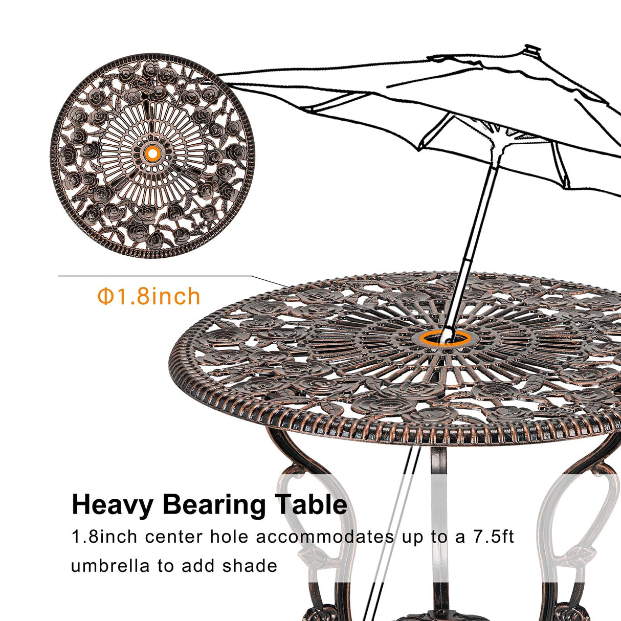 HOMEFUN Bistro Table and Chairs Set of 2 Outdoor 3 Piece Patio Set, Rose Pattern Cast Aluminum Bistro for Garden Balcony, Durable Rust All-Weather Resistance, Rose Bronze HOMEFUN