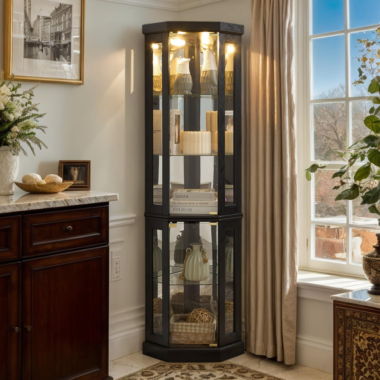 KavlSean 70" H Corner Curio Cabinet, Lighted Glass Display Cabinet with Elegant Tempered Glass Door, Adjustable Shelve, China Cabinet with Light Bulb, Mirrored Back Panel for Living Room (Black) KavlSean