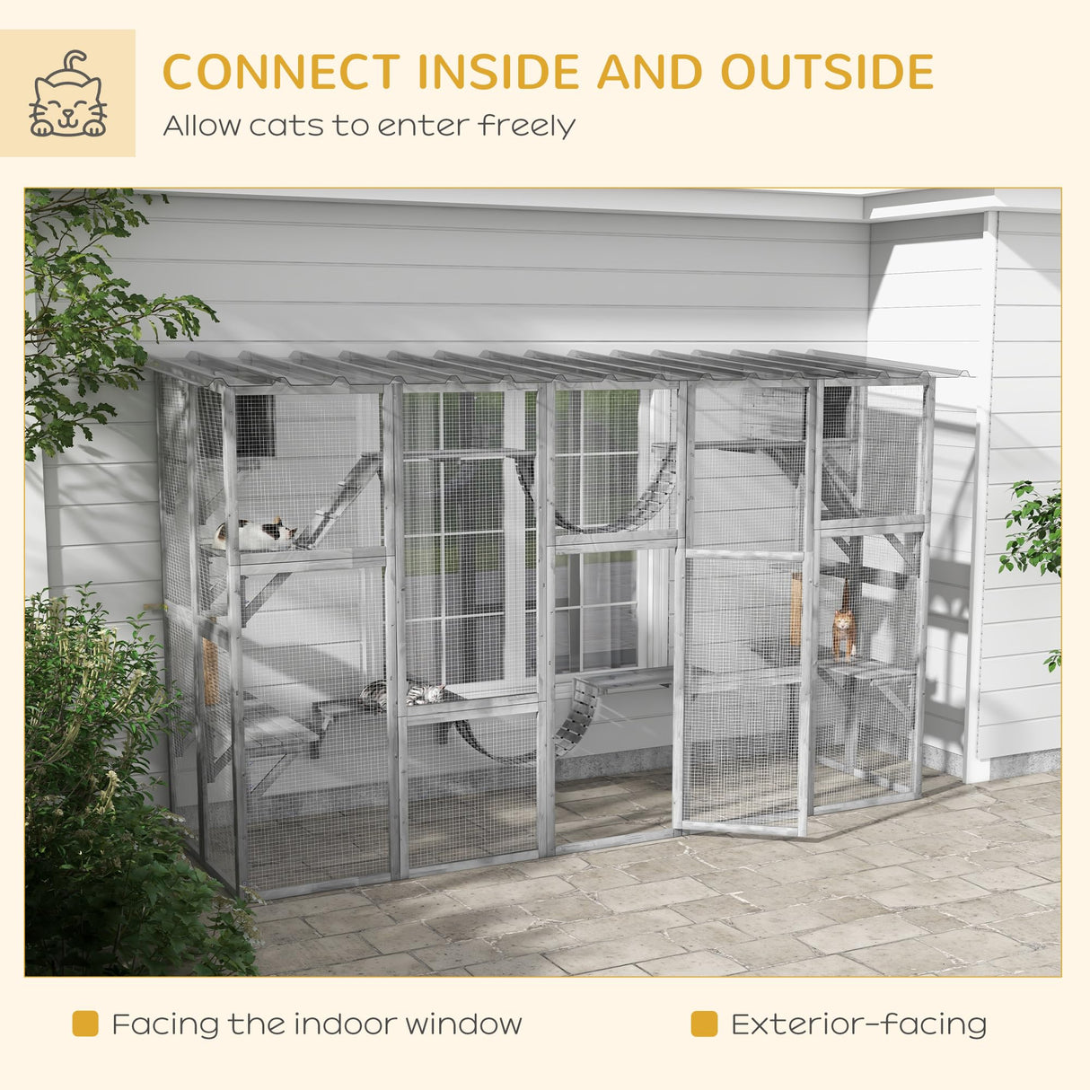 PawHut Catio Playground Cat Window Box Outside Enclosure, Outdoor Cat House with Weather Protection Roof for Multiple Kitties, Wooden Frame, Shelves & Bridges, 118" x 37.5" x 74", Gray PawHut