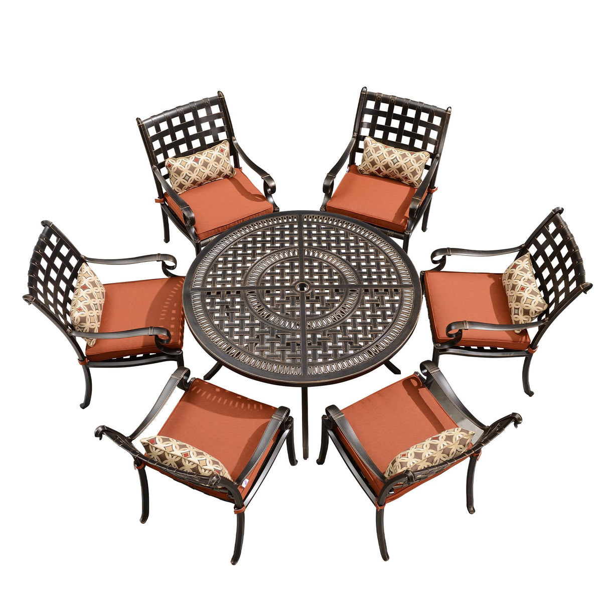 PURPLE LEAF 7 Pieces Outdoor Dining Set Cast Aluminum with 6 Armchairs and 47" Round Table, Cushion and Pillow Included, for Lawn Yard Garden Patio Dining Sets, Brick Red PURPLE LEAF