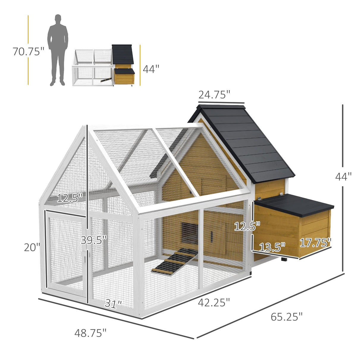 PawHut 65" Chicken Coop Wooden with Detachable Run, Outdoor Chicken House Poultry Cage Hen with Nesting Box, Removable Tray, Roosting Bars, Ramp, for Garden Backyard, Yellow PawHut