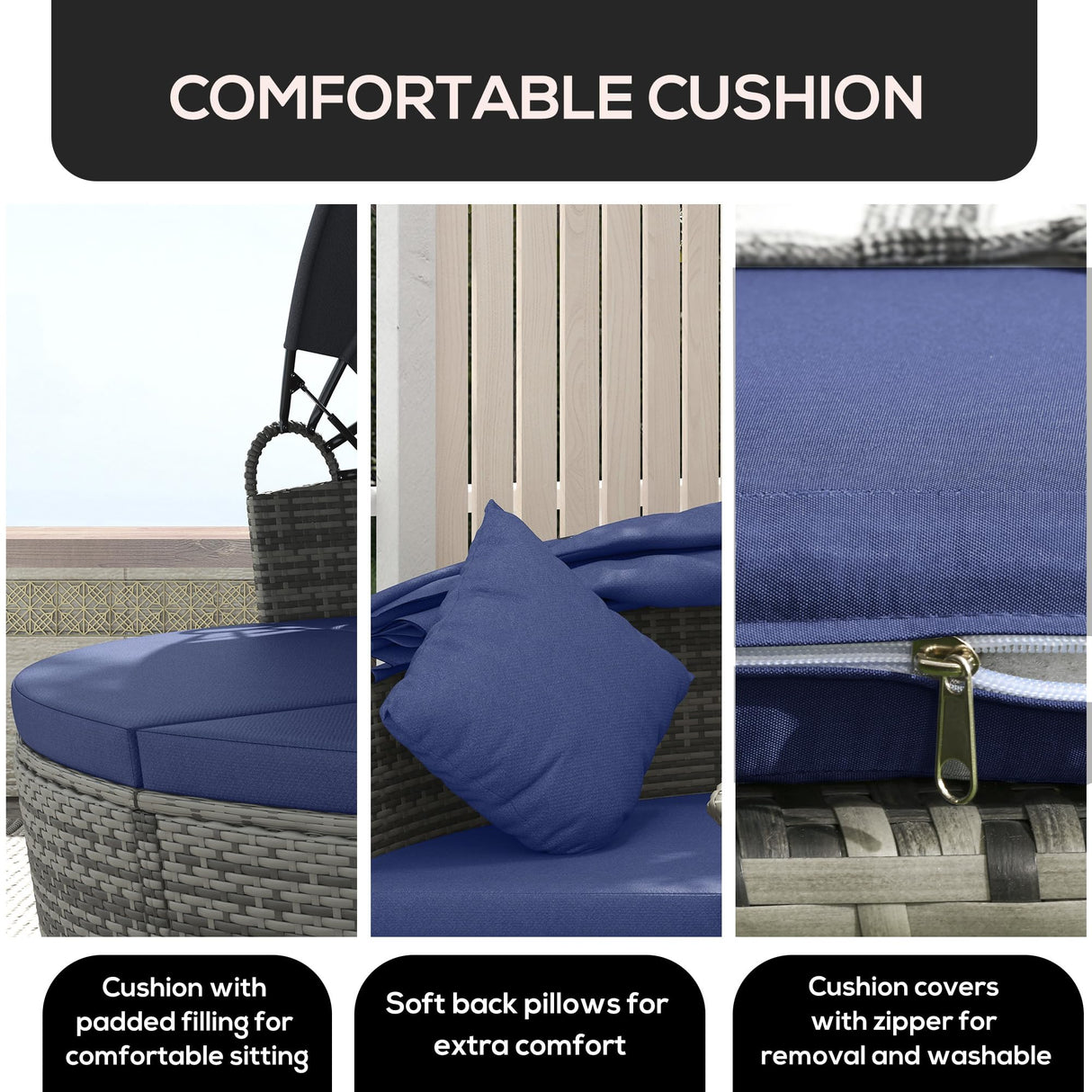 Outsunny 4 Piece Round Rattan Daybed, Convertible Patio Furniture Set, Adjustable Sun Canopy, Sectional Outdoor Sofa, 2 Chairs, Extending Tea Table Ottoman Chair, 3 Pillows, Dark Blue Outsunny