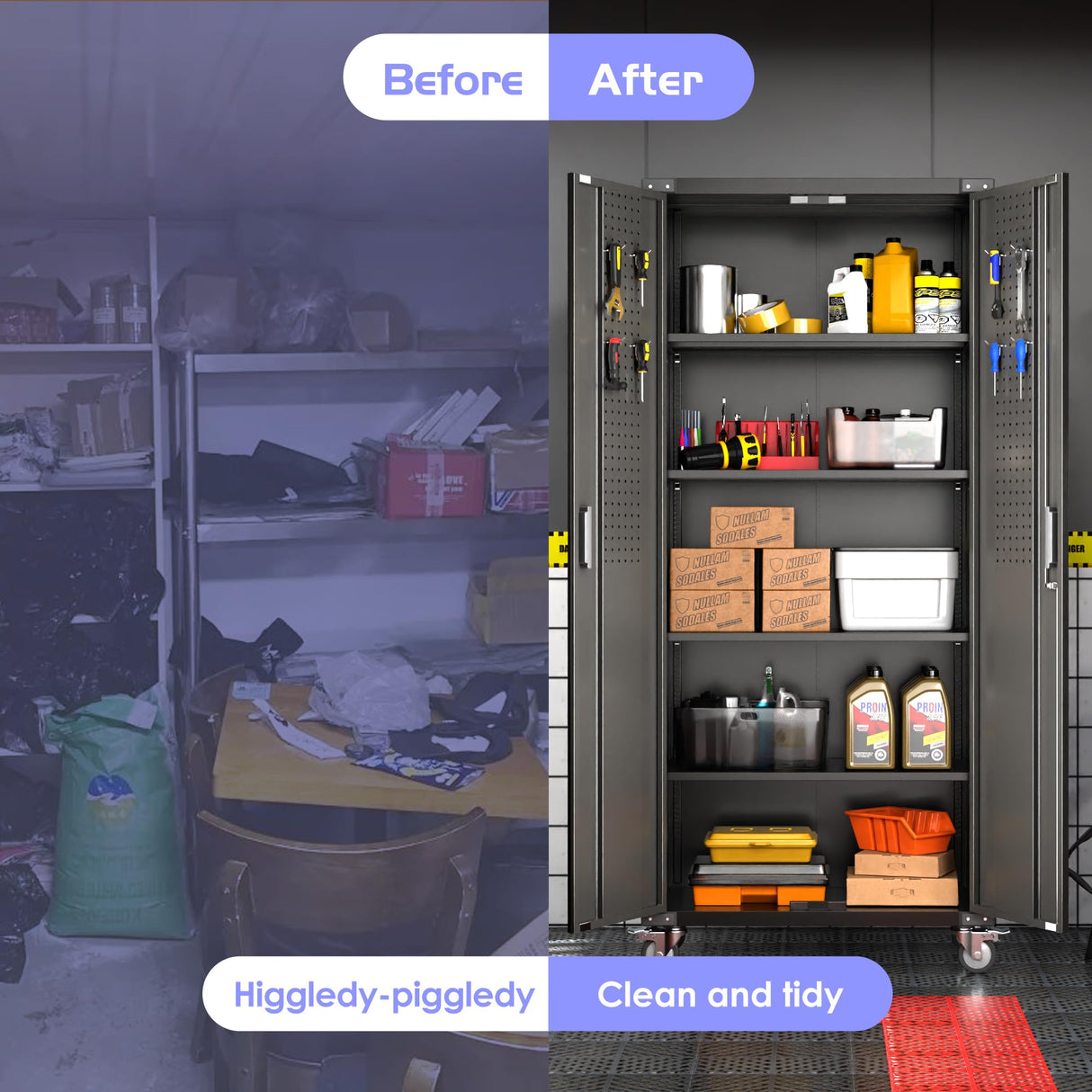 Aobabo 72" H Metal Storage Cabinet with Wheels for Garage, Locking Metal Storage Cabinet with 4 Shelves and 2 Pegboards, Rolling Tool Storage Cabinet on Wheels, Black, Assembly Required Aobabo