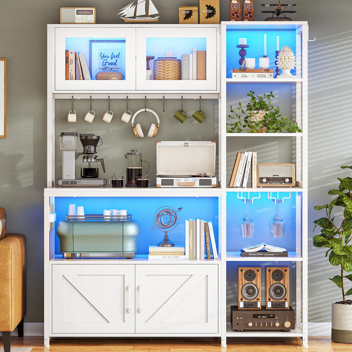 Itaar Bakers Rack with Power Outlet and LED Light, 45.3 Inch Farmhouse Coffee Bar Cabinet, Kitchen Microwave Stand with Storage, Glass Cabinet, Goblet Holder and 8 Hooks (White) Itaar