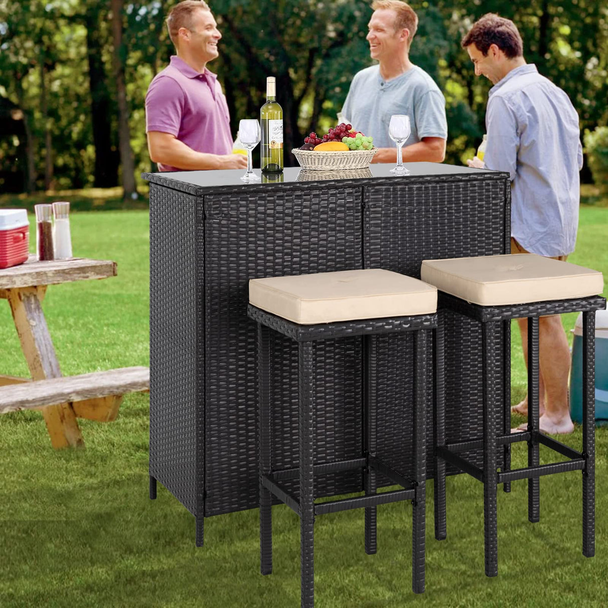 Patiomore 3-Piece Patio Outdoor Bar Set with Two Stools and Glass Top Table Patio Brown Wicker Furniture with Removable Cushions for Backyards, Porches, Gardens or Poolside Patiomore