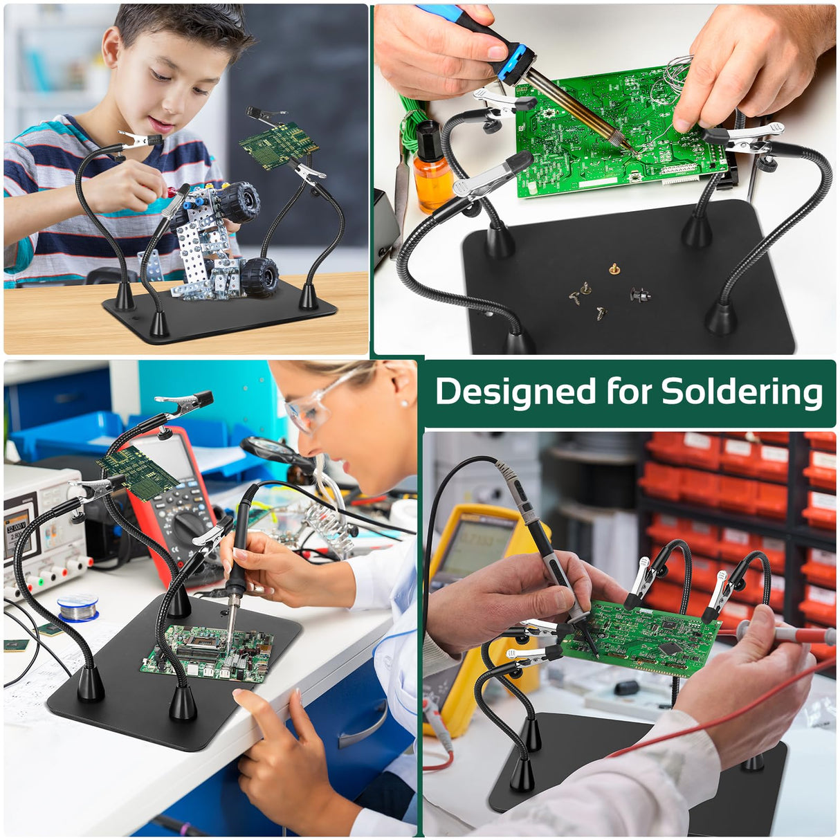 Magnetic Helping Hands Soldering Station, Third Hand Soldering Tool with Alligator Clips,PCB Circuit Board Holder,4 Flexible Gooseneck Arms & Non-slip base for Electronic Repair Soldering Craft Hobby MagnieOpti