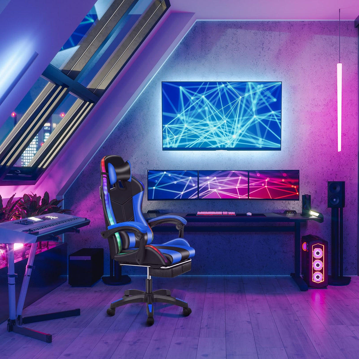 Gaming Chair, Computer Chair with Footrest and Lumbar Support, Height Adjustable Game Chair with 360° Swivel Seat and Headrest, High Back Office Chair with Bluetooth Speakers and RGB LED Lights Blue NEREIDS NET