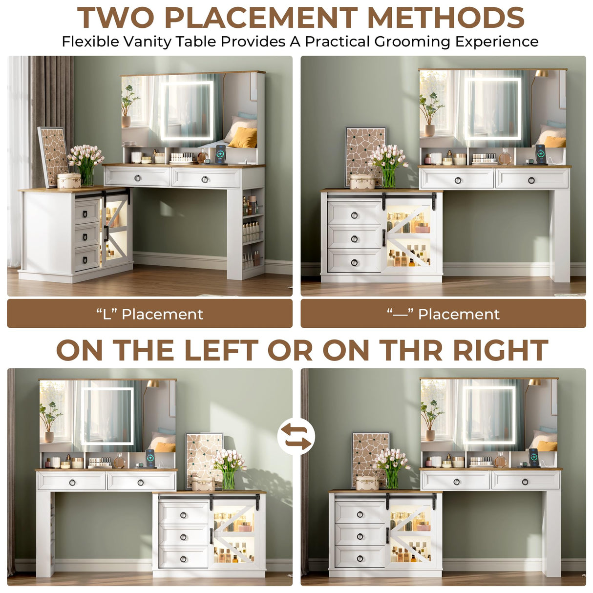 LVSOMT Vanity Desk with Mirror and Lights, Large Farmhouse Makeup Desk with 5 Drawers and Jewelry Storage, 60" Glass Top Dressing Table with Power Outlet & Adjustable Cabinet for Bedroom, White/Brown LVSOMT