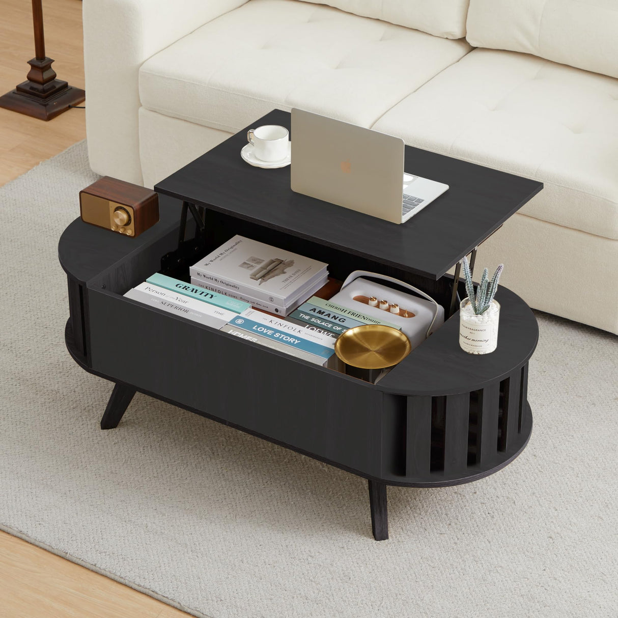 FurSch Wood Lift Top Coffee Table with Hidden Storage, 47.24" Oval Lift Table Top Curved Profile Design Conversation Table for Living Room, Office (Black) FurSch