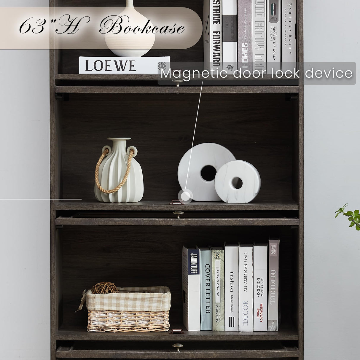 CKEASEAN Tall Bookcase with Glass Doors, 63" H Farmhouse Glass Curio Display Cabinet with Flip up Doors, Elegant Storage Cabinet with 4-Tier Shelves, Rack for Living Room (Brown) CKEASEAN
