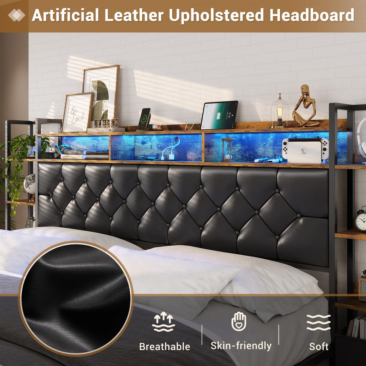 Hasuit King Size Farmhouse Bed Frame with LED Lights, Charging Station, and Bookcase Headboard Hasuit