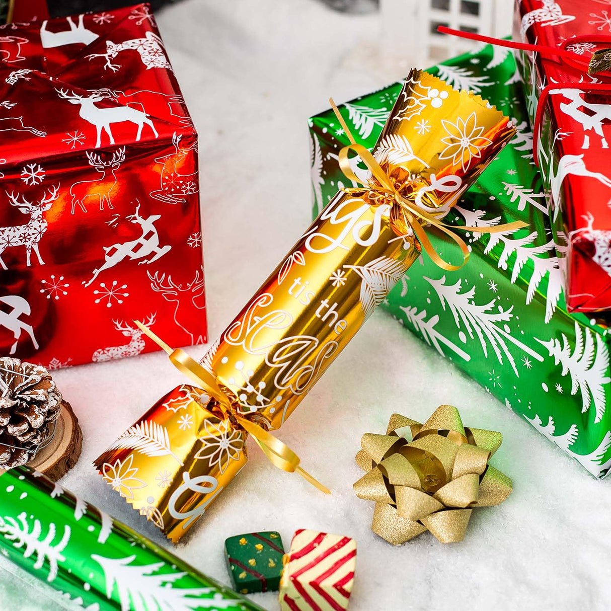 Merture 3 Rolls Christmas Wrapping Paper Set - 17 inch x 120 inch per Roll - Red, Green, Gold Metallic Gift Wrap With Reindeer, Christmas Tree, Snowflake, Dahlia Design Merture