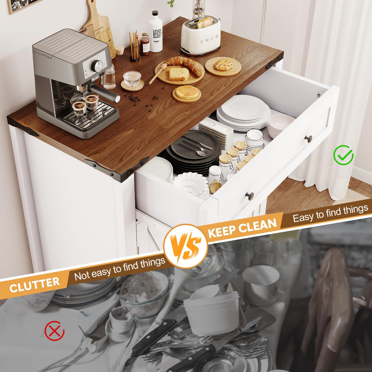 GRUSIGN 30" Coffee Bar Station, Kitchen Sideboard Buffet Cabinet with a Drawer and Adjustable Shelf, Modern Farmhouse Storage Cabinet for Kitchen, Living Room, Entryway, White GRUSIGN