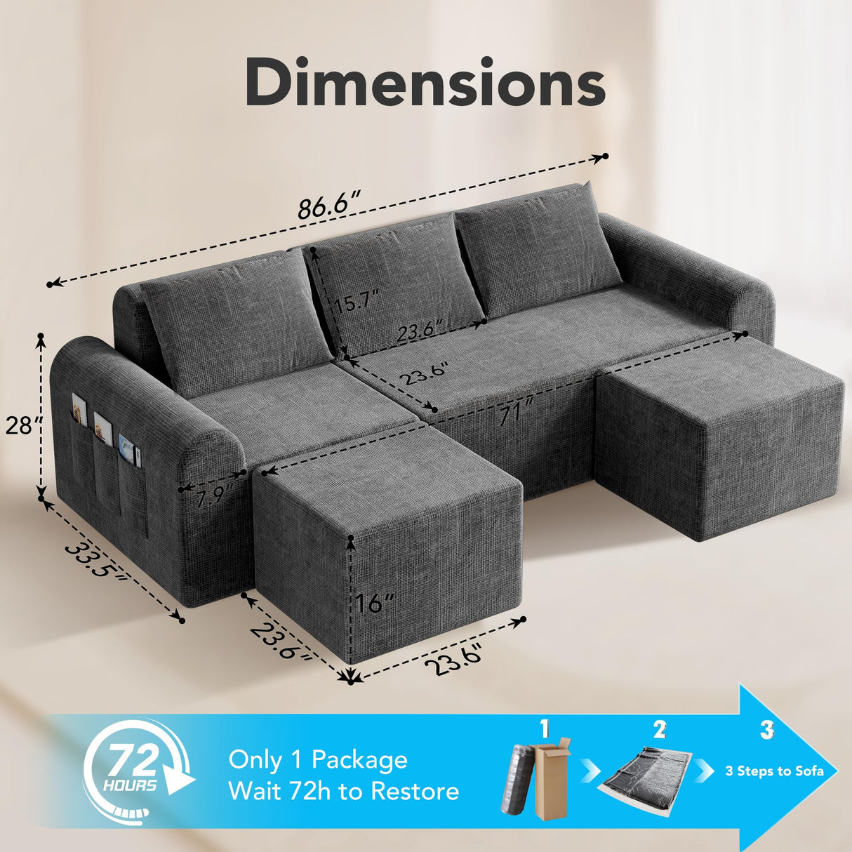 Decofy Cloud Sectional Couch with 2 Ottomans & 3 Pillows, Boneless Couches for Living Room, U Shaped Sectional Sofa Deep Seat Comfy Couch for Small Spaces, No Assembly Required, 72h to Restore Decofy