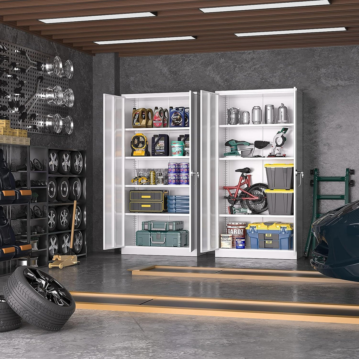 Greenvelly Metal Garage Storage Cabinet,Steel Lockable Storage Cabinet with 2 Doors and 4 Adjustable Shelves,Tall Metal Cabinet Locking File Cabinet for Office,Home, Garage, Gym, School Greenvelly