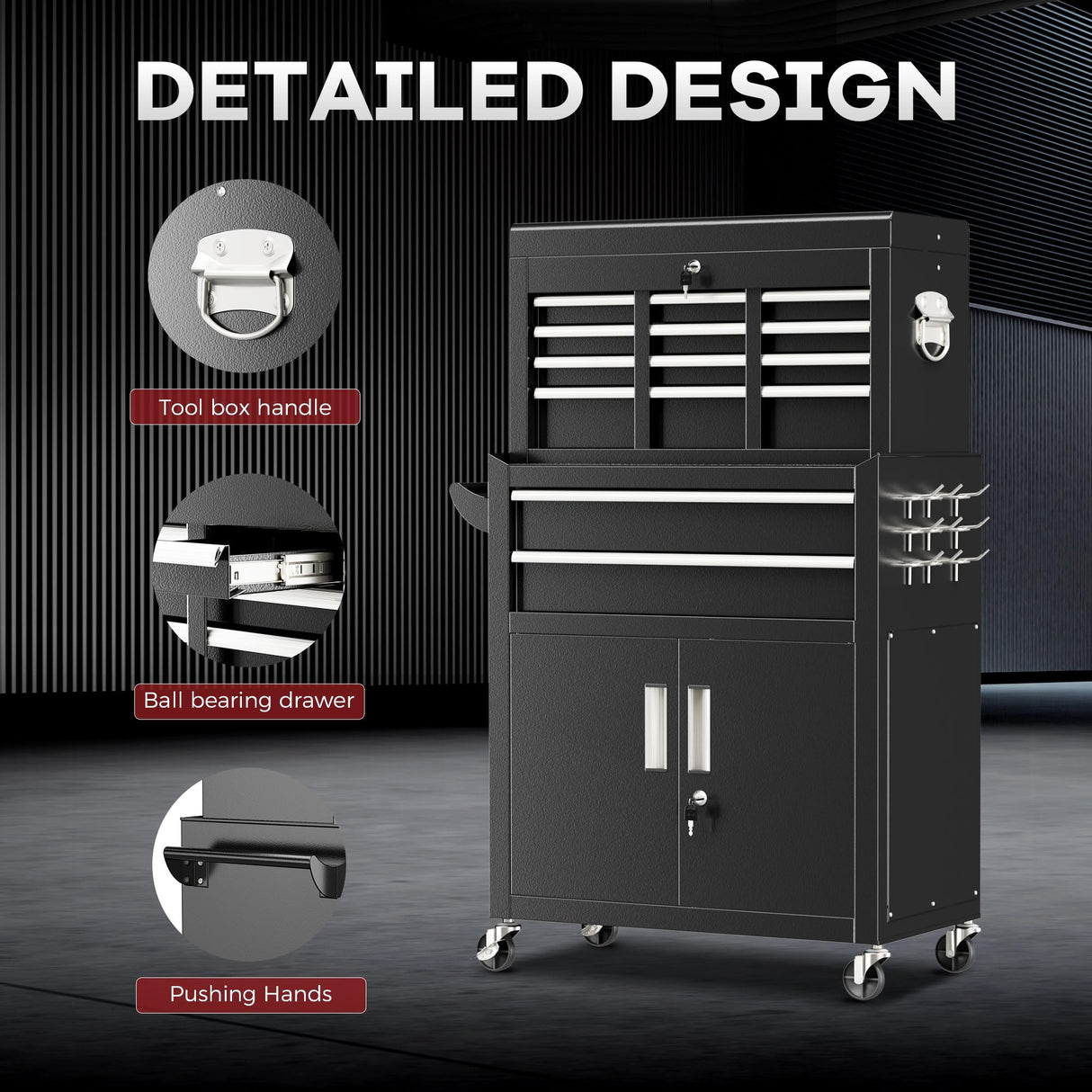 Bonusall 8 Drawer Rolling Tool Chest and Cabinet Combo,Heavy-Duty Metal Garage Tool Chest with Wheels and 2 Doors,2-in-1 Top Box and Roller Cabinet Combo for Garage, Workshop, Warehouse-Black Bonusall