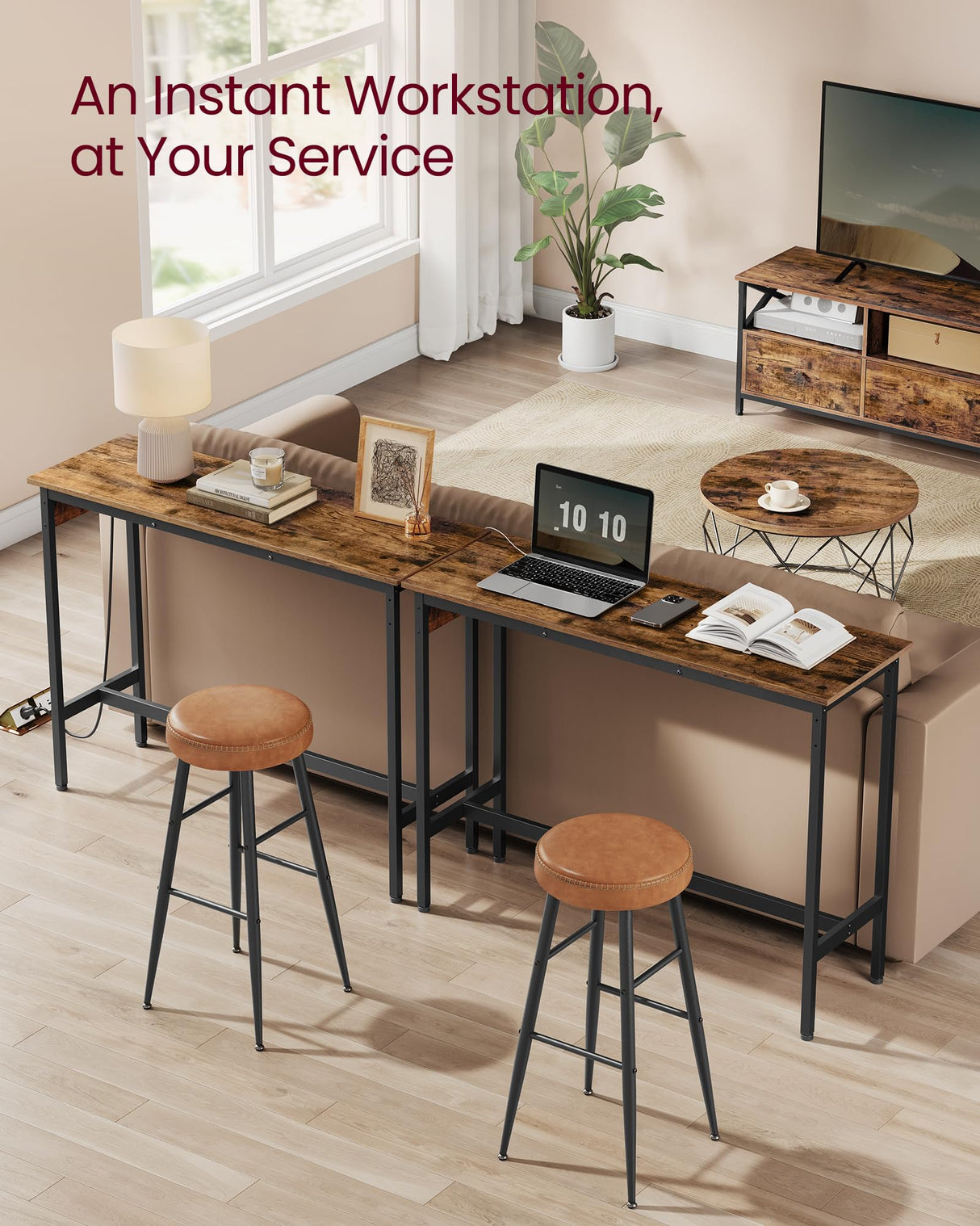 VASAGLE Bar Table, Narrow Long Kitchen Dining Table with Charging Station, Sturdy Metal Frame, Industrial, 15.7 x 47.2 x 35.4 Inches, Rustic Brown and Ink Black ULBT121K01 VASAGLE