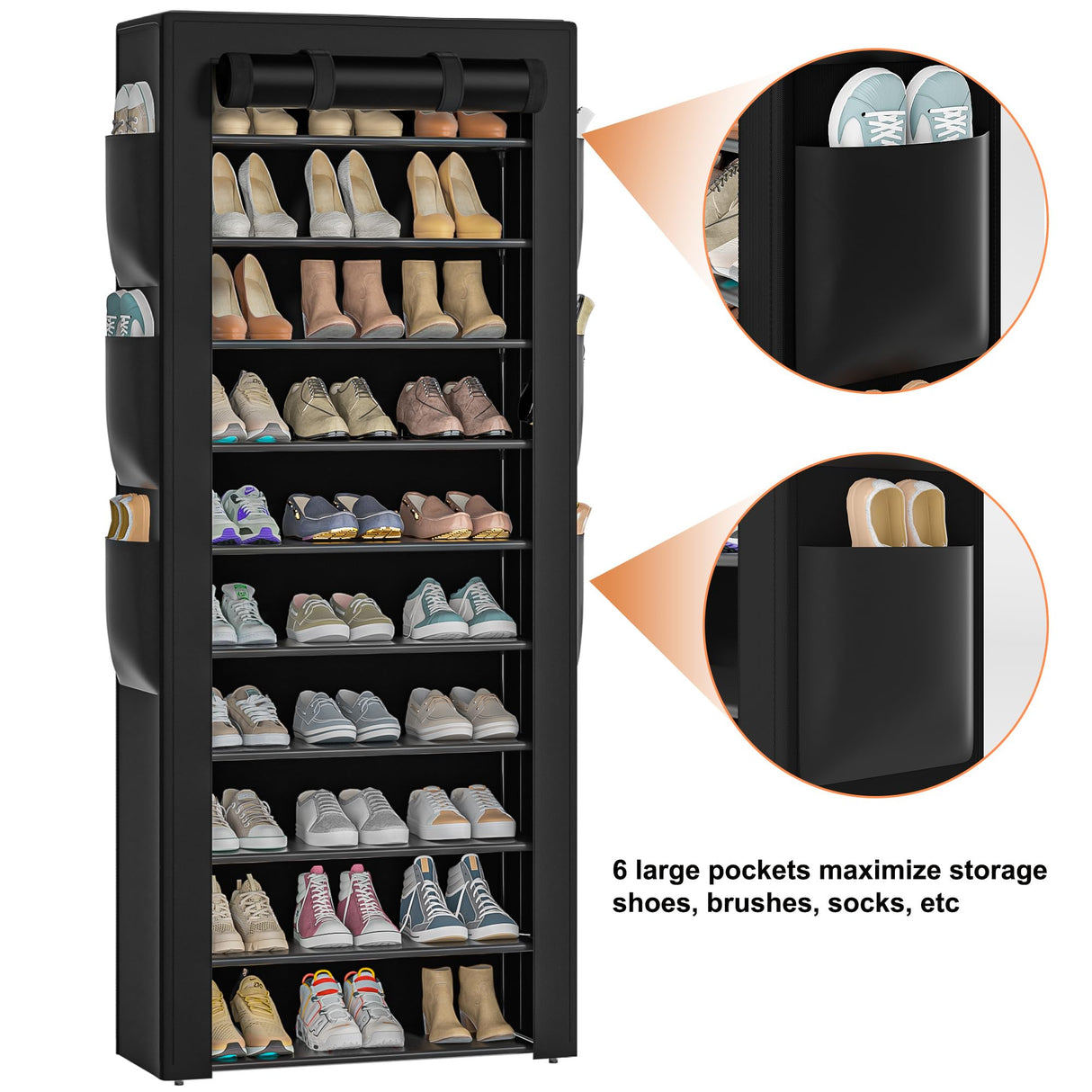 OYREL Large Shoe Rack, Black, 6 Side Pockets, 23.6" Wide x 11.4" Deep x 68.9" Tall, 36-41 Pairs of Shoes OYREL