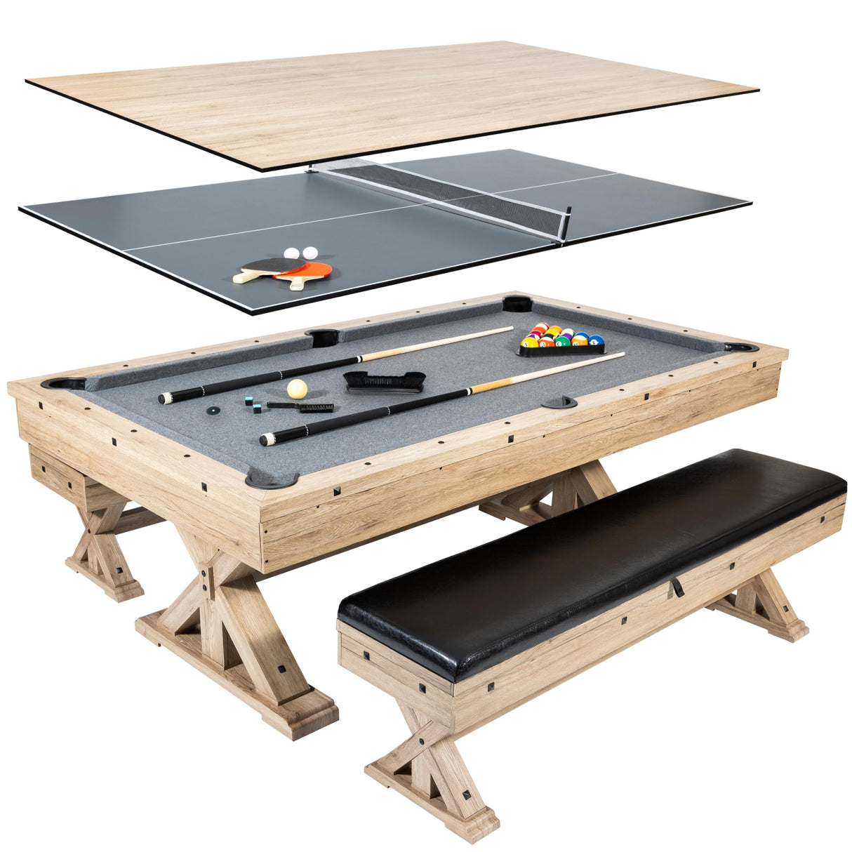 Freetime Fun 7 FT 3 in 1 Multi Game Pool Table with Dining Top Pool Table Ping Pong Table Combo with Dual Storage Bench Seating, Rustic Oak Freetime Fun