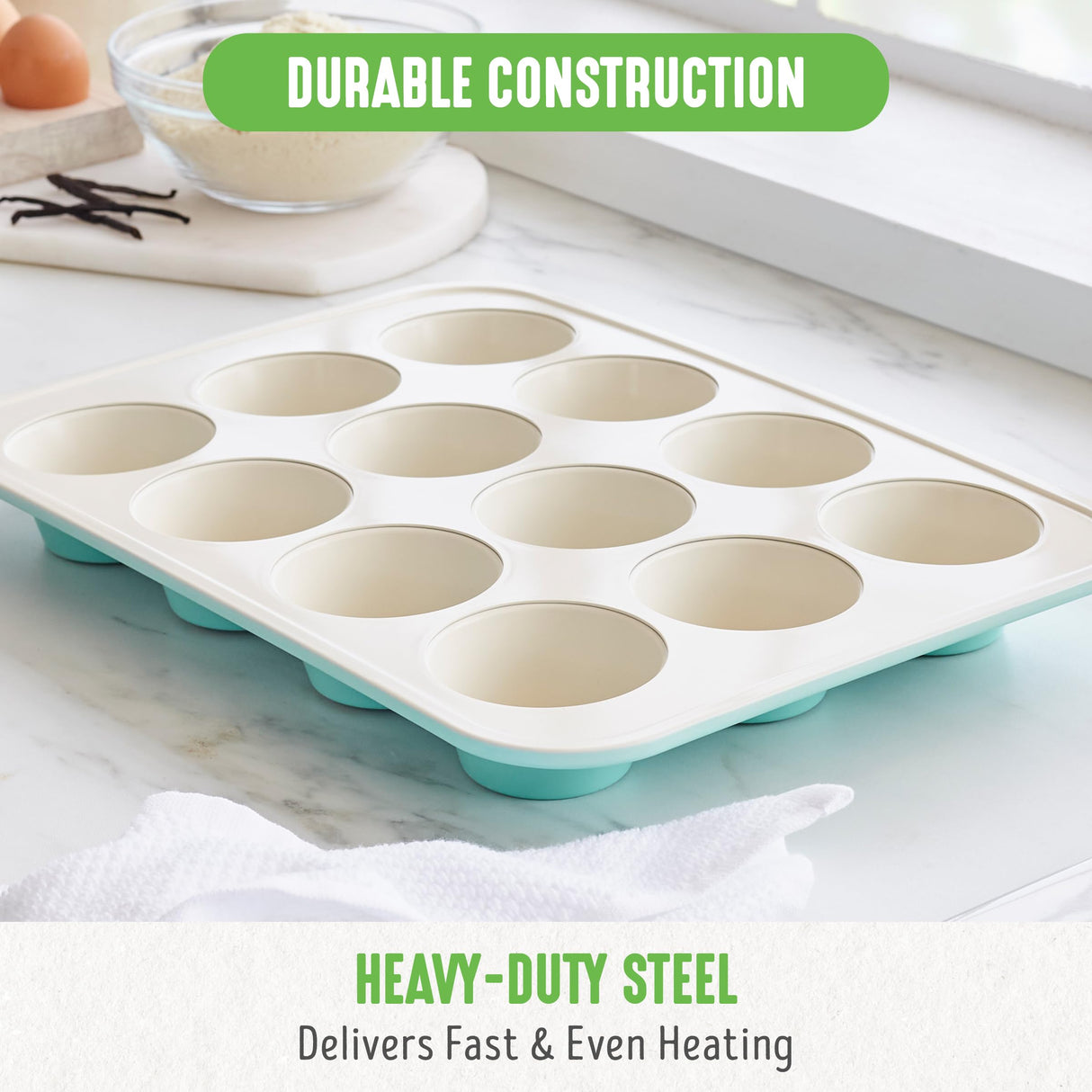 GreenLife 12-Cup Muffin Pan, Healthy Ceramic Nonstick Bakeware, PFOA & PFAS-Free Cupcake Tray, Durable Baking Pan, Versatile Kitchen Essential, Easy Clean Muffin Mold, Nonstick Baking Sheet, Turquoise GreenLife