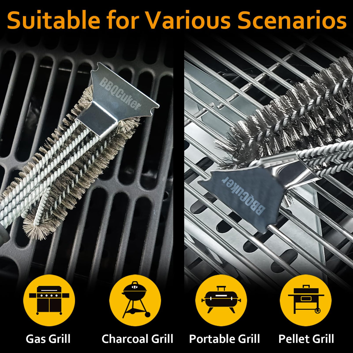 BBQcuker Grill Brush with Scraper, BBQ Cleaning Brush for Outdoor Grill, Grill Cleaner with Stainless Steel Scraper and Bristles,18" Grill Accessories with Stainless Steel Hanger and Plastic Handle BBQCuker