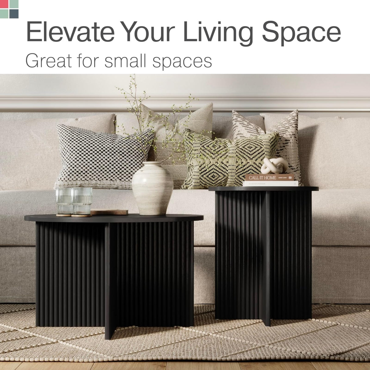 Stead Round Fluted Nesting Coffee Tables - 2 Piece Modern Wood Coffee Table for Living Room and Home Decor - Solid Wood Base and Grain Veneer Top (Blackened Oak) Stead