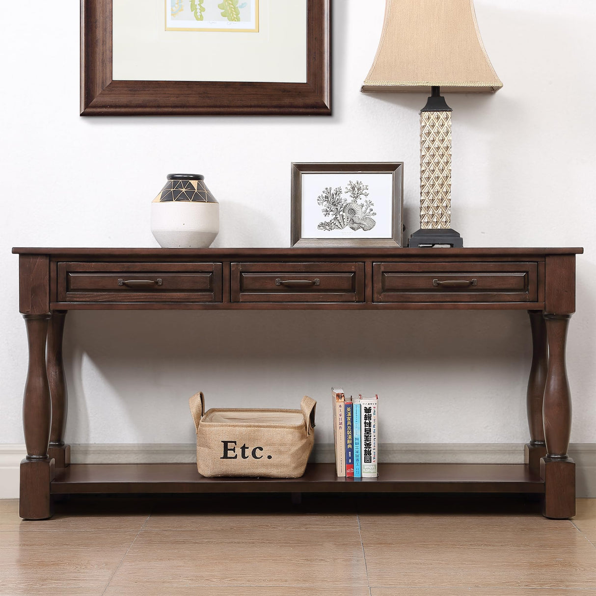 L“KeKe 63inch Solid Wood Console Table with 3 Drawers and 1 Bottom Shelf Extra-Thick Sofa Table(Light Espresso) L“KeKe