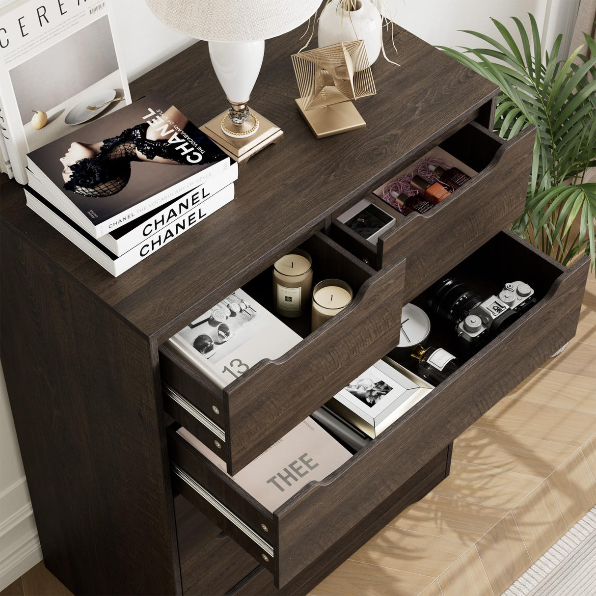 HOSTACK Modern 5 Drawer Dresser for Bedroom, Chest of Drawers with Storage, Wood Storage Chest Organizers with Cut-Out Handles, Accent Storage Cabinet for Living Room, Entryway, Hallway, Dark Brown HOSTACK