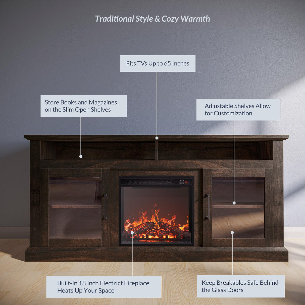 BELLEZE Modern 60" Traditional TV Stand with 18" Electric Fireplace Heater & Media Entertainment Center Console Table for TV up to 65" with Open Storage Shelves & Cabinets - Cayman (Brown) BELLEZE