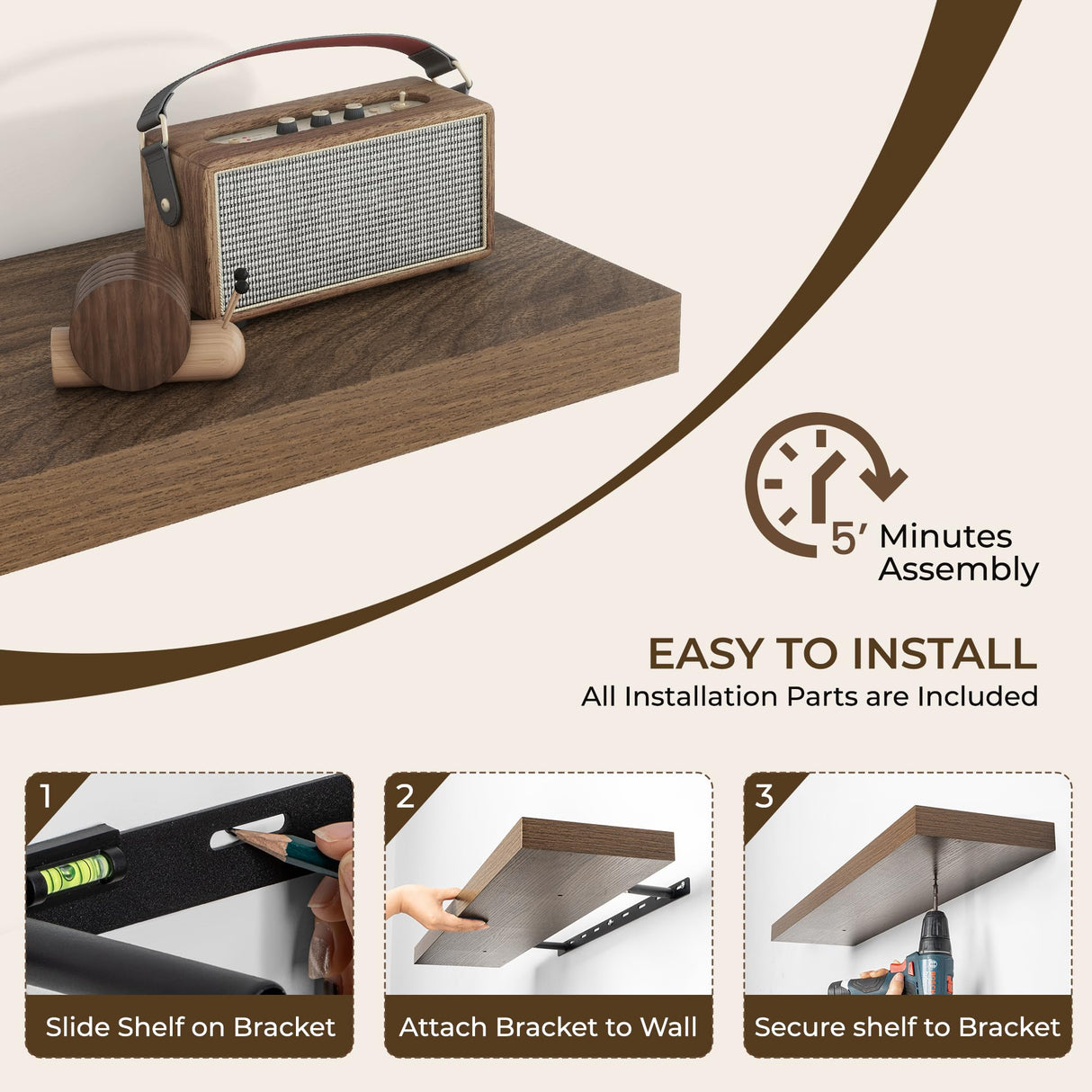 RICHFOCUS 36Inch Floating Shelves for Wall 2 Pack Shelves for Bedroom|Kitchen|Bathroom Wall Mounted Rustic Wood Floating Shelf with Invisible Brackets for Books|Storage|Decor, Walnut RICHFOCUS