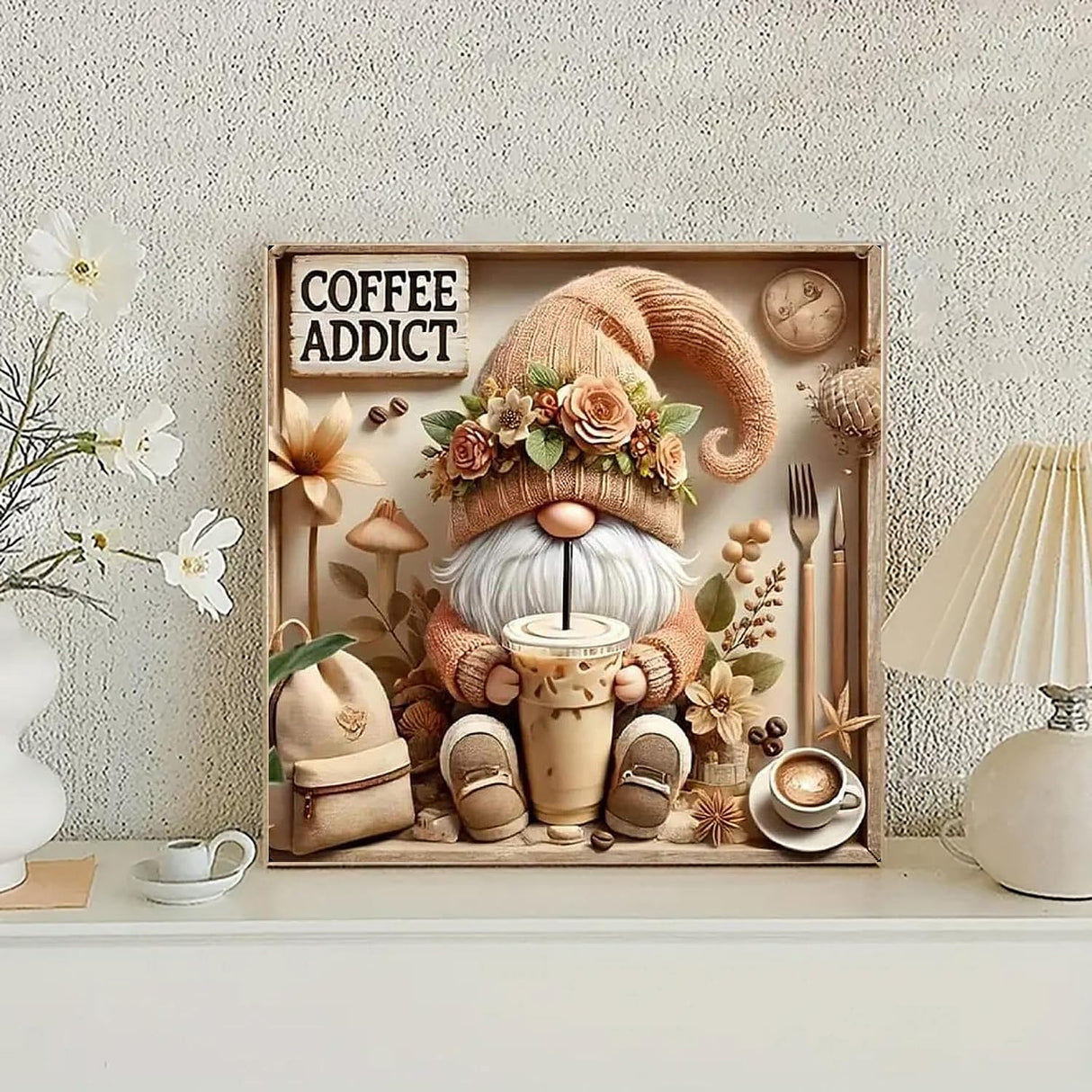 BYGFHLYW Diamond Art Painting Kits for Adults, Gnome Drinks Coffee 5D Diamond Painting Dots Art Kits for Adults Beginner, DIY Full Round Gem Crystal Art Paint by Diamond, Home Wall Decor 14x 14 in BYGFHLYW