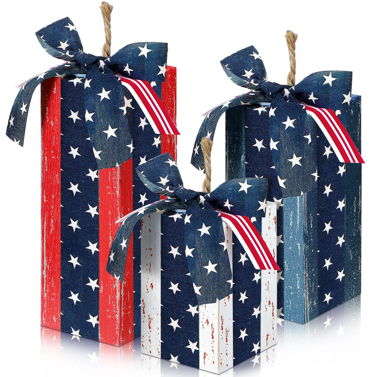 DoubleFill 3 Pcs 4th of July Decor Rustic Wood Presents Firework Patriotic Wooden Faux Blocks with Bowknot Independence Day Centerpiece for Table 4th of July Tiered Tray Decor Farmhouse Decorations DoubleFill