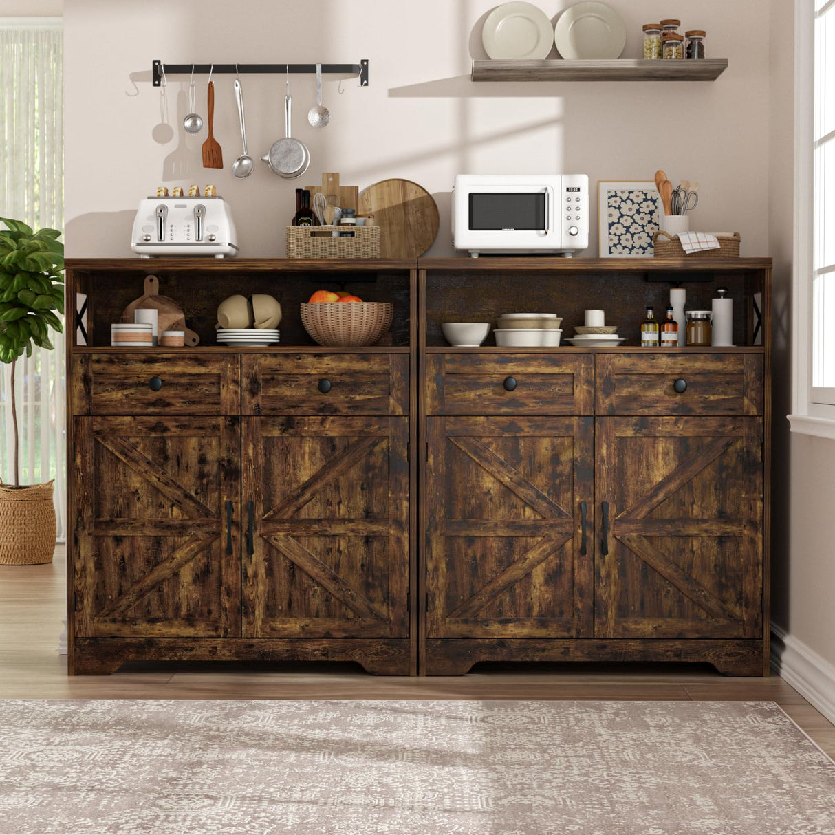 31.5" Rustic Brown Storage Cabinet with Doors and Drawers, Farmhouse Sideboard Buffet Cabinet with Storage, Kitchen Pantry Hutch Cabinet, Coffee Bar Station Table for Kitchen, Livingroom, Dining Room FiveWillowise