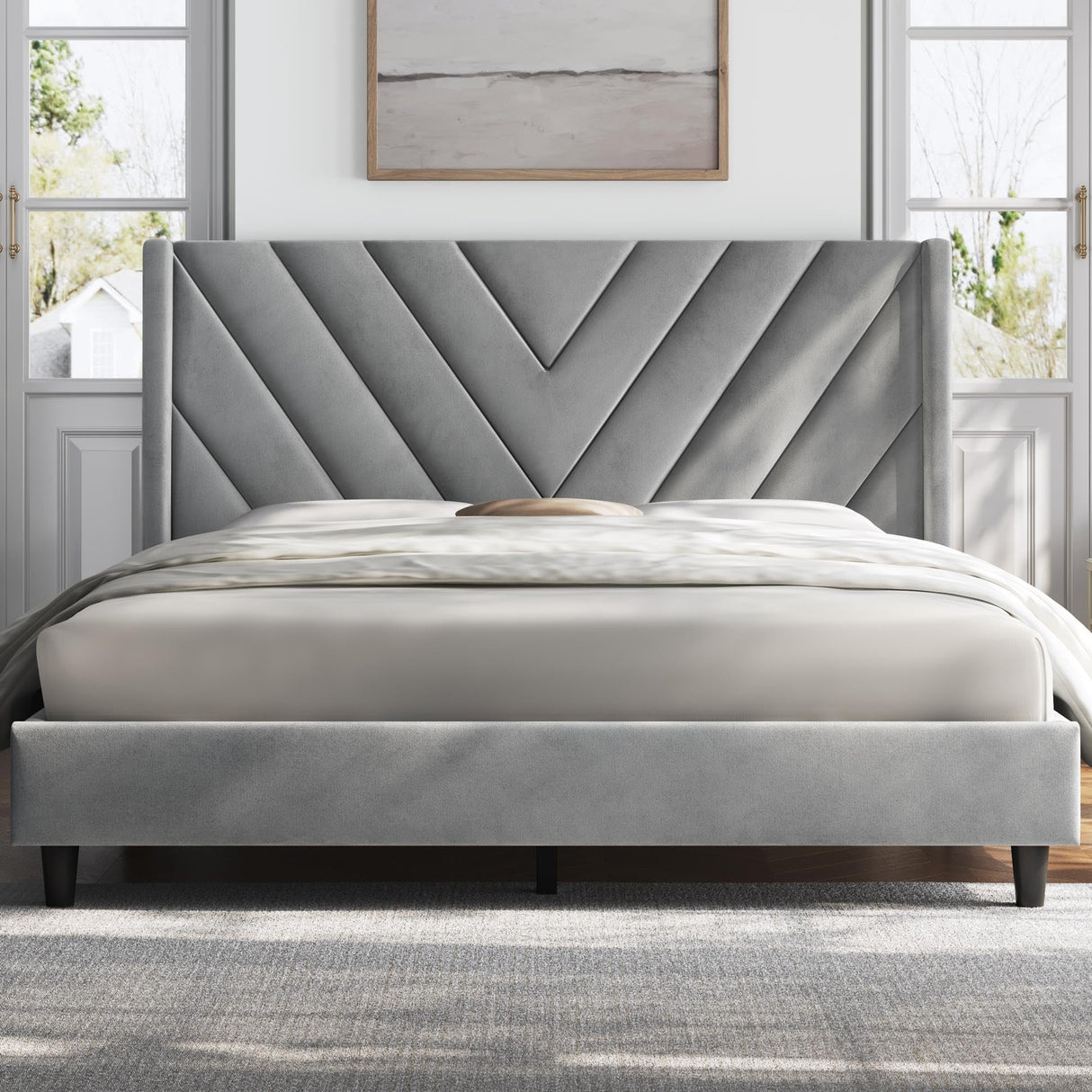 Yaheetech Queen Bed Frame Upholstered Platform Bed with Wing Side/Wooden Slat Support/Tufted Headboard with Wing Side/Mattress Foundation/No Box Spring Needed,Light Gray Queen Bed Yaheetech
