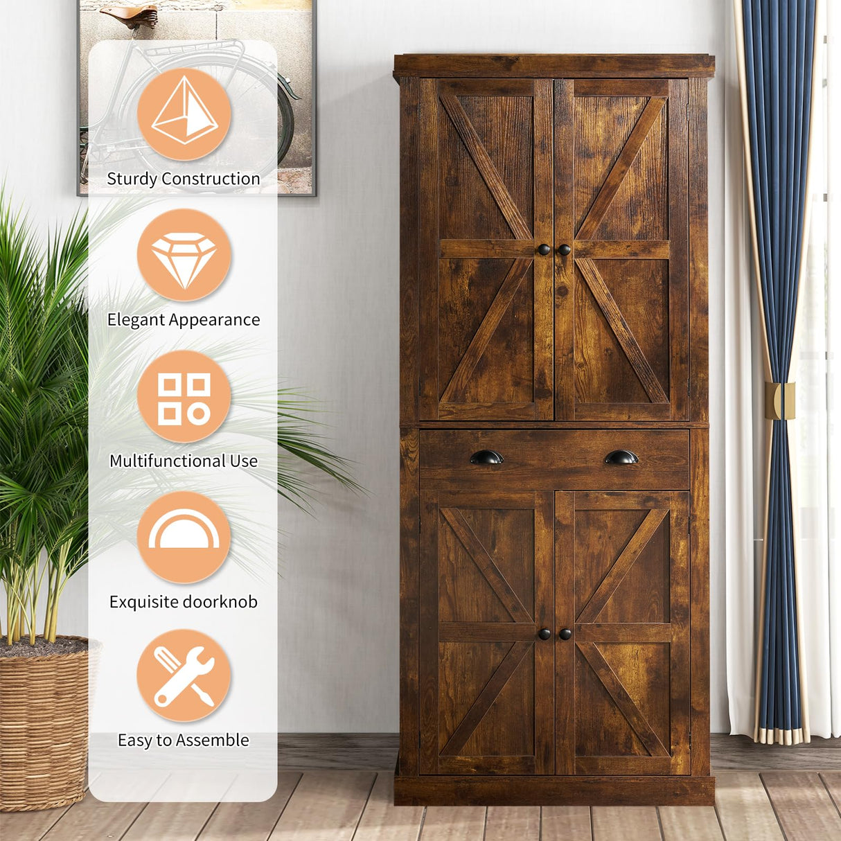 oneinmil Kitchen Pantry Storage Cabinet, 72" Freestanding Cupboard with Farmhouse Barn Doors, Adjustable Shelves & Large Drawer, Practical Sideboard, Brown oneinmil