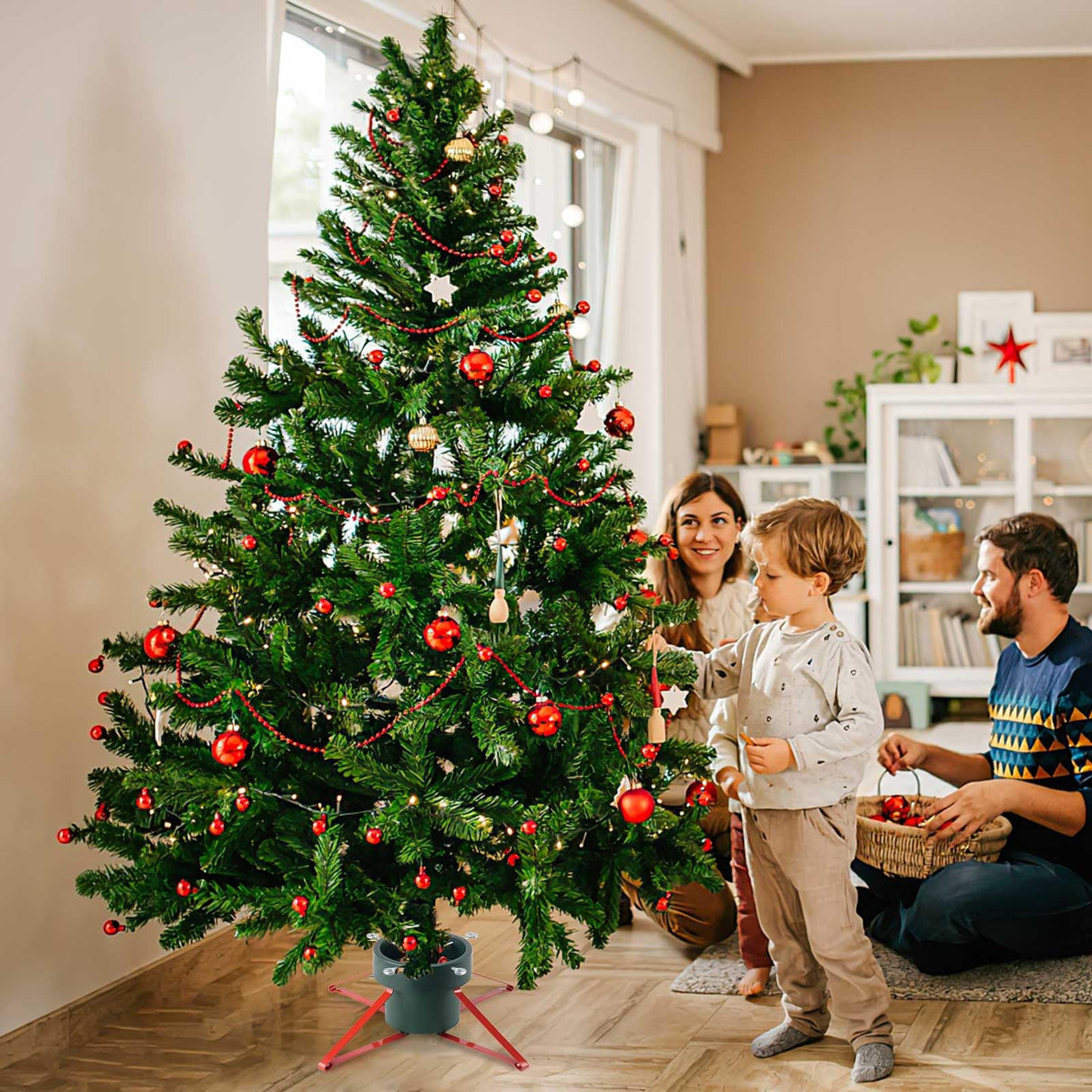 B-COOL Christmas Tree Stand for Real Trees: Xmas Base Holder With Adjustable Legs for Seasonal Displays, Home Decor Up to 7ft Tall, Green Red L B-COOL