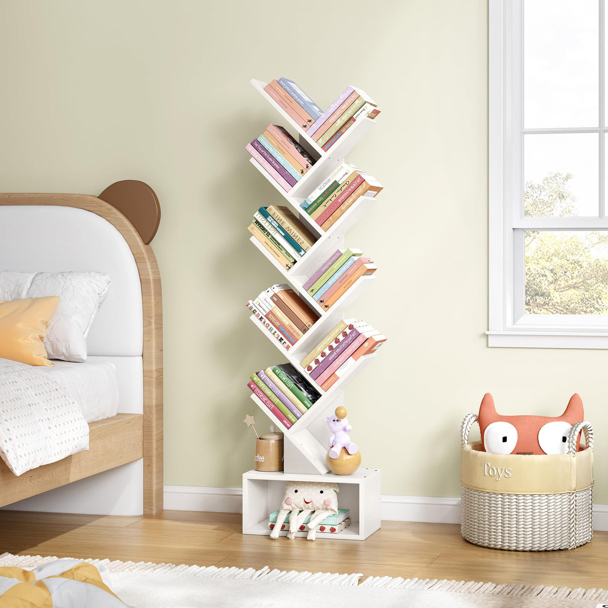 Hoctieon 9 Tier Tree Bookshelf, Tall Bookcase with Drawer, Wood Book Shelf, Modern Floor Standing Bookshelves, Book Organizer Shelves for Bedroom, Living Room, Home Office, White Hoctieon
