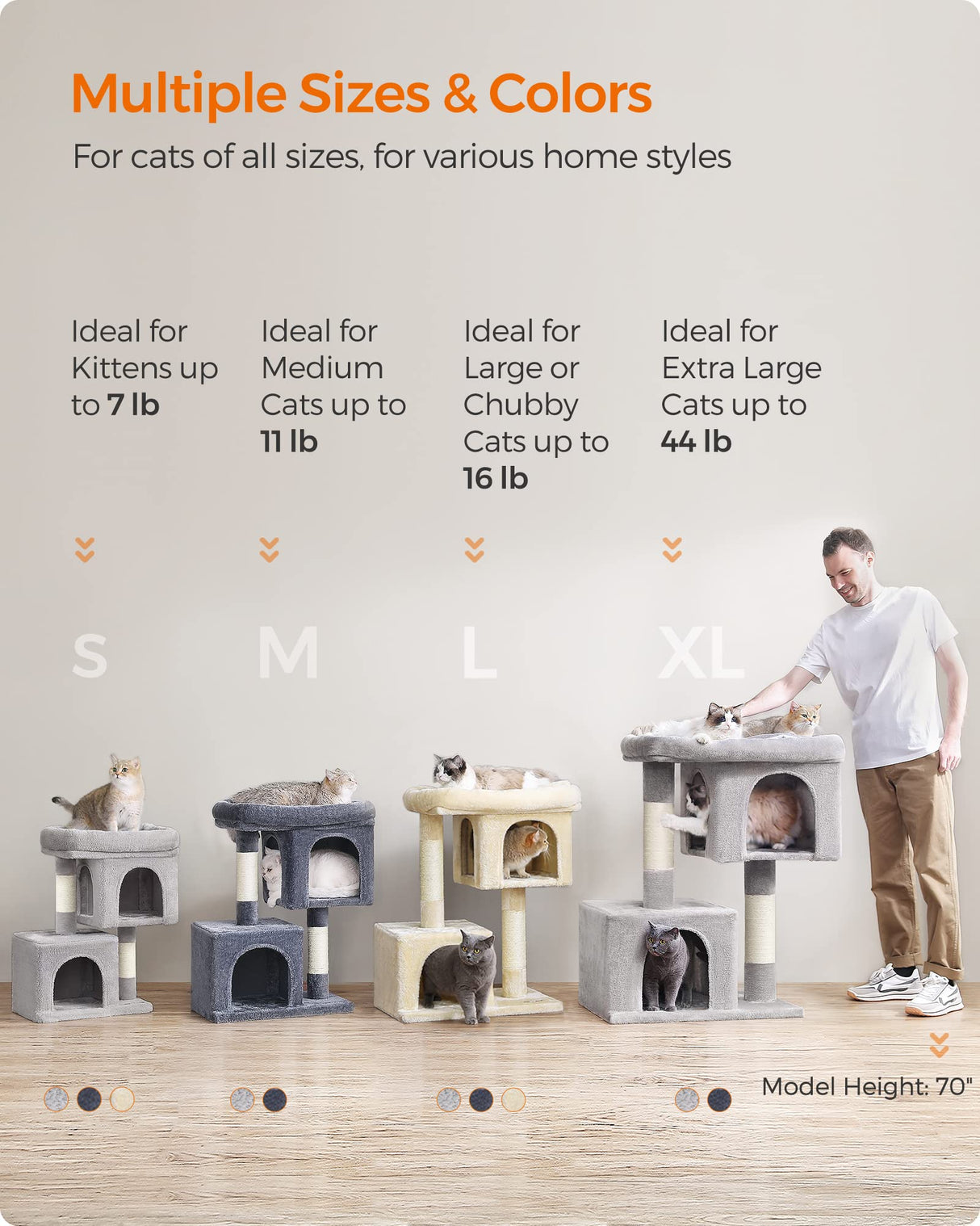 Feandrea Cat Tree, 26.4-Inch Cat Tower, S, Cat Condo for Kittens up to 7 lb, Large Cat Perch, 2 Cat Caves, Scratching Post, Light Gray UPCT611W01 Feandrea