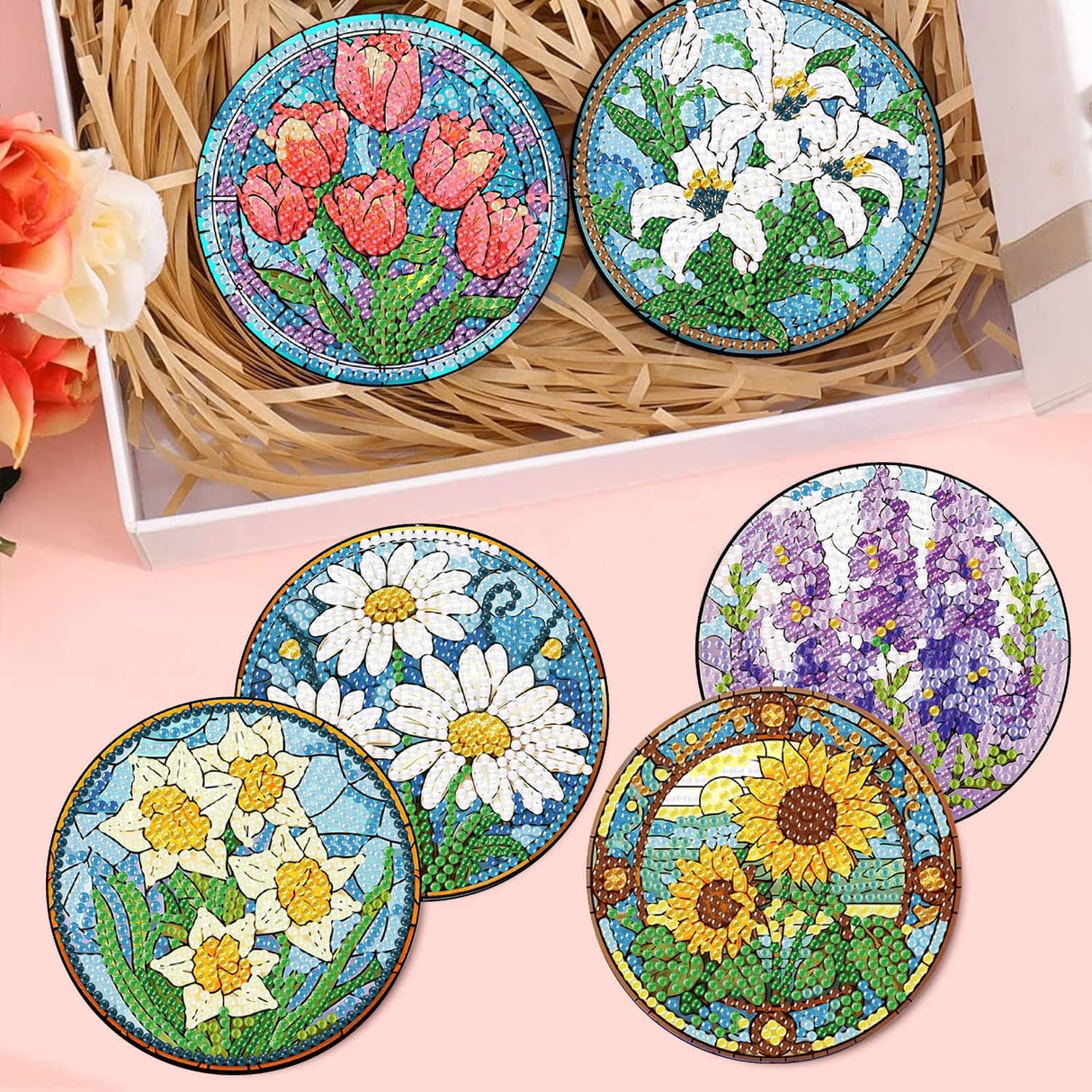 croshom 8 PCS Flowers Diamond Art Coasters Diamond Painting Coasters Kits with Holder Flowers DIY Coaster for Adults Beginners, Diamonds Art Crafts Supplies Sunflowers croshom