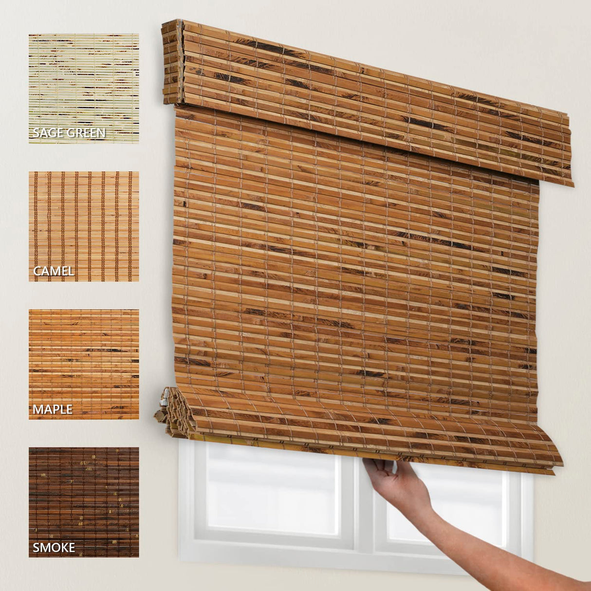 CHICOLOGY Bamboo Blinds, Bamboo Shades, Custom Bamboo Shade, Cordless Bamboo Shades, Window Shade Roman, Patio Blinds and Shades, Porch Shades Outdoor Roll Up, Maple, 34" W X 64" H CHICOLOGY
