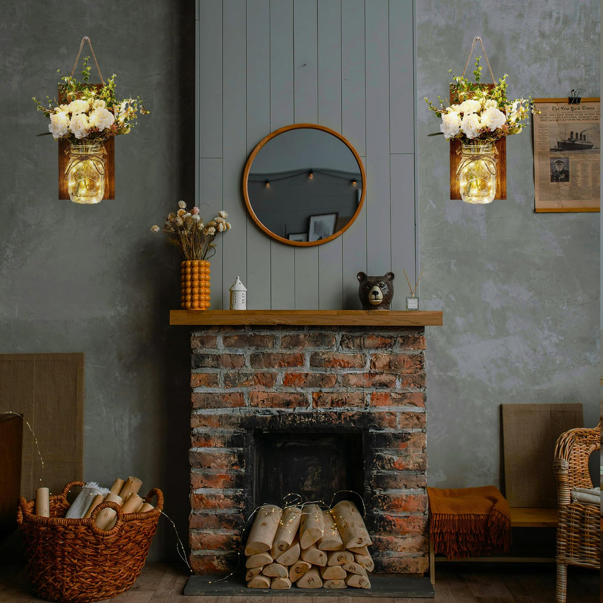 Lightess Wall Decor Mason Jar Sconces with Remote Control, Rustic Home Decor Wall LED Fairy Lights with White Rose, Farmhouse Wall Decorations Lights Set of Two for Dining Room Living Room Lightess