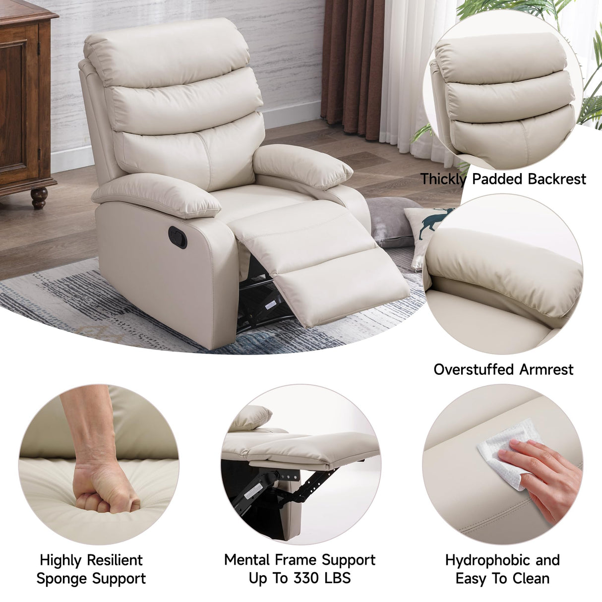 GNMLP2020 Manual Recliner Chairs for Adults, PU Leather Small Recliner Chair for Small Space, RV, Lazy Boy Single Sofa Chairs, Beige GNMLP2020