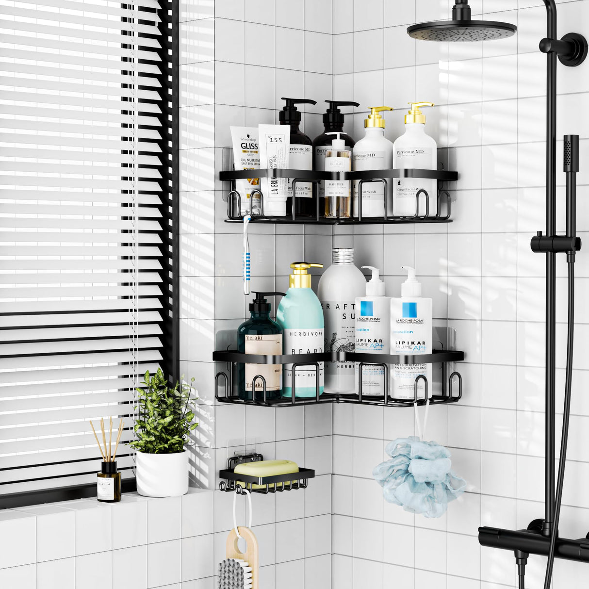 Moforoco Adhesive Corner Shower Caddy, 3 Pack Organizer Shelf with Soap Holder and 12 Hooks, Shelves Rustproof for Bathroom, Storage Basket Bathroom Accessories(Black) Moforoco