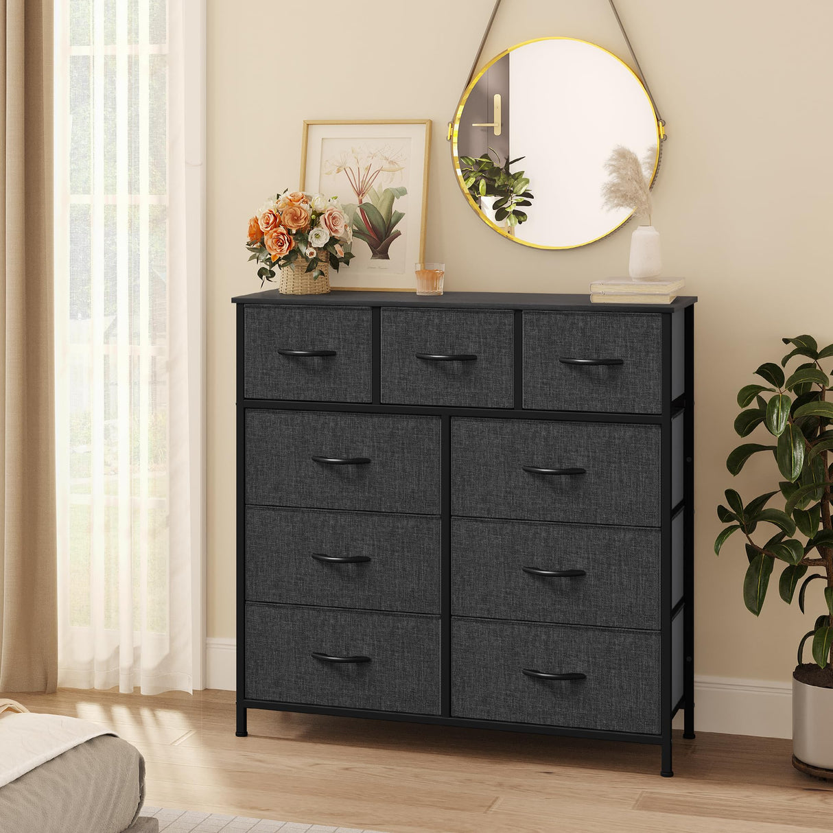 YITAHOME 9 Drawers Fabric Dresser - Storage Tower Organizer Unit for Living Room, Closets - Sturdy Steel Frame, Wooden Top & Easy Pull Fabric Bins YITAHOME