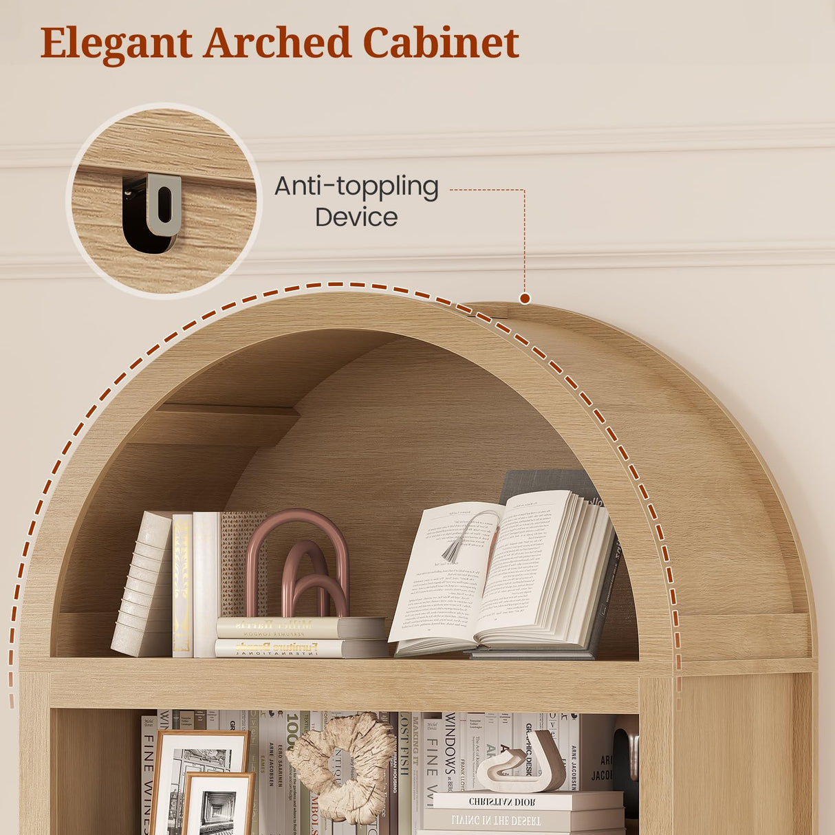 81" Tall Arched Cabinets,Bookcase with storage,Mid-Century Modern 6-Tier Bookshelf with Door,2 Book Risers and Adjustable Shelves offering more storage space for Living Room,Kitchen,Home Office,Oak UPOSOJA