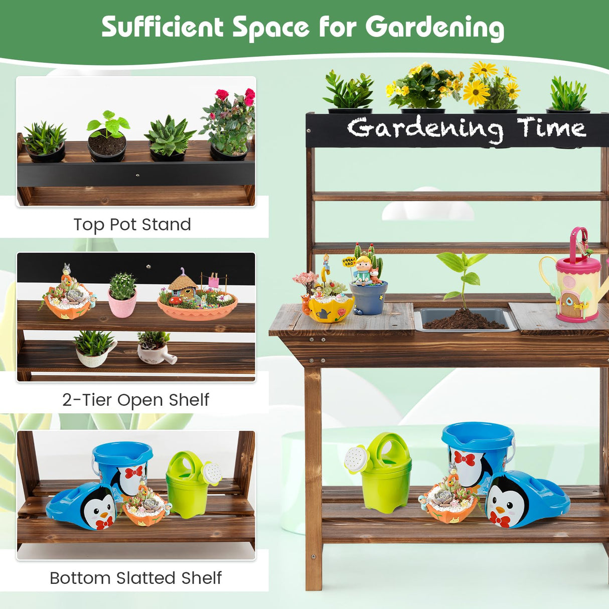 HONEY JOY Kids Potting Bench Table, Fir Wood Garden Potting Benches for Outside, Removable Sink, 4 Flower Pots, Chalkboard, Children Planting Table Work Bench, Mud Kitchen for Kids Outdoor Backyard HONEY JOY