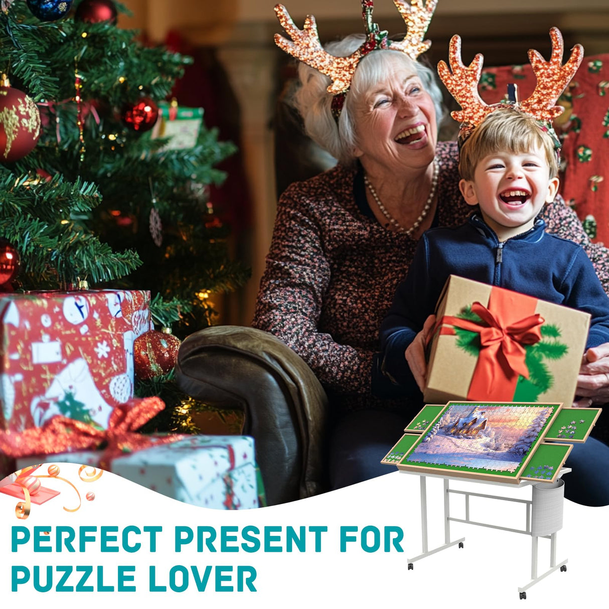 Doerpuz Jigsaw Puzzle Table 1500pcs,Puzzle Table with Legs and Storage Pocket,5 Adjustable Up Level Puzzle Tables for Adults,Puzzle Table with Drawers and Wheels,Wooden and Green Color Doerpuz