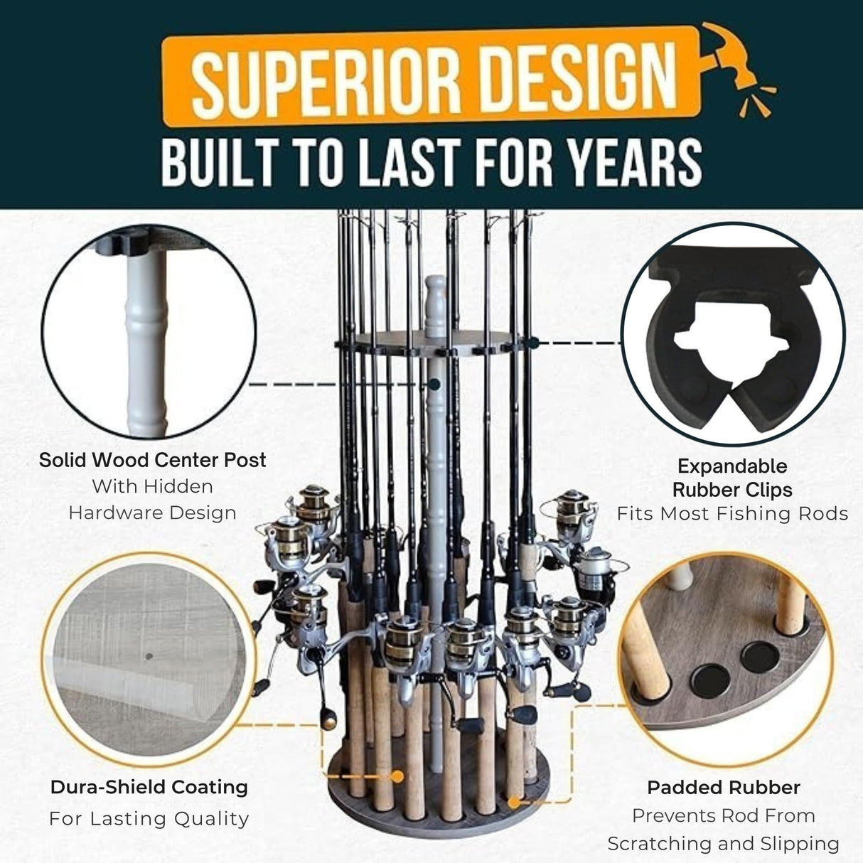 Rush Creek Creations | Fishing Rod Holder for 16 Fishing Poles, Garage Organization and Storage, for Reels, Gear, Accessories, Tackle Box Rush Creek Creations